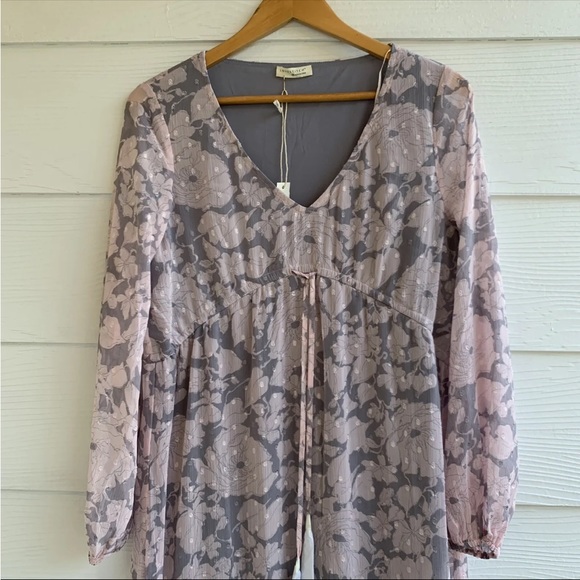 Lovestitch Pink Grey Floral Swiss Dot‎ Maxi Shift Dress Medium V Neck - Picture 4 of 12